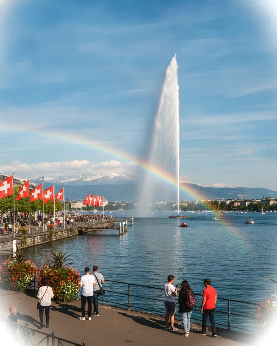 Geneva's Jet d'Eau and the flags of nations