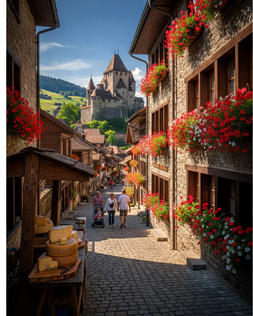 Cobbled street of the medieval town of Gruyères