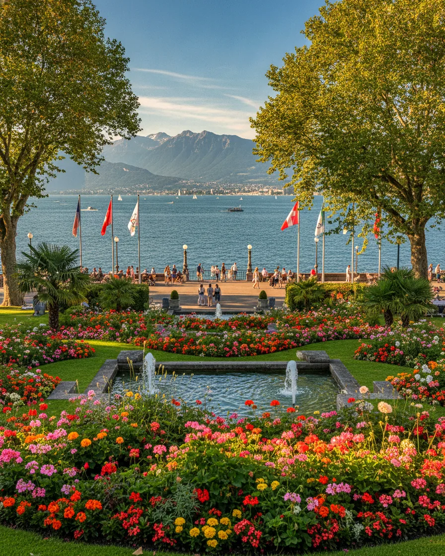 Ouchy waterfront in Lausanne facing the Alps