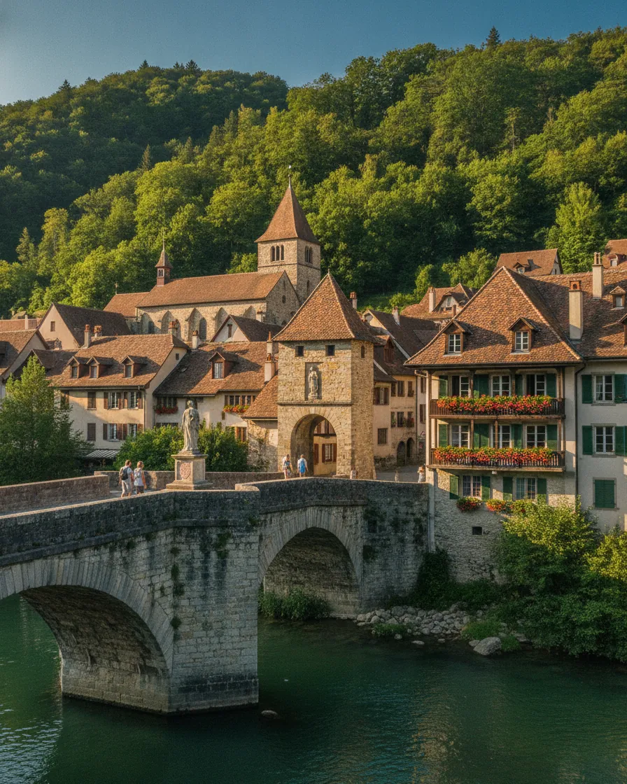 The medieval town of Saint-Ursanne, its bridge over the Doubs and the Porte Saint-Pierre
