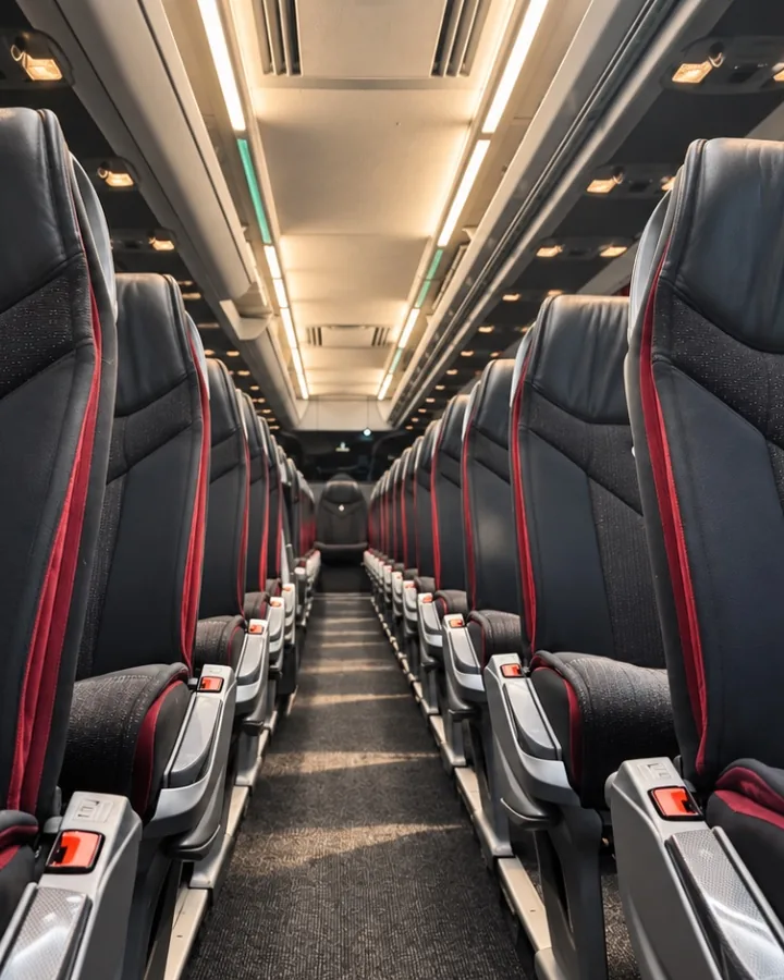 Black leather seats with red stitching on board the Voyages Stevic Sàrl Mercedes-Benz Travego