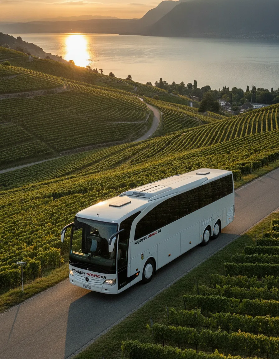 Voyages Stevic Sàrl Mercedes-Benz Travego coach between the vines of Lavaux