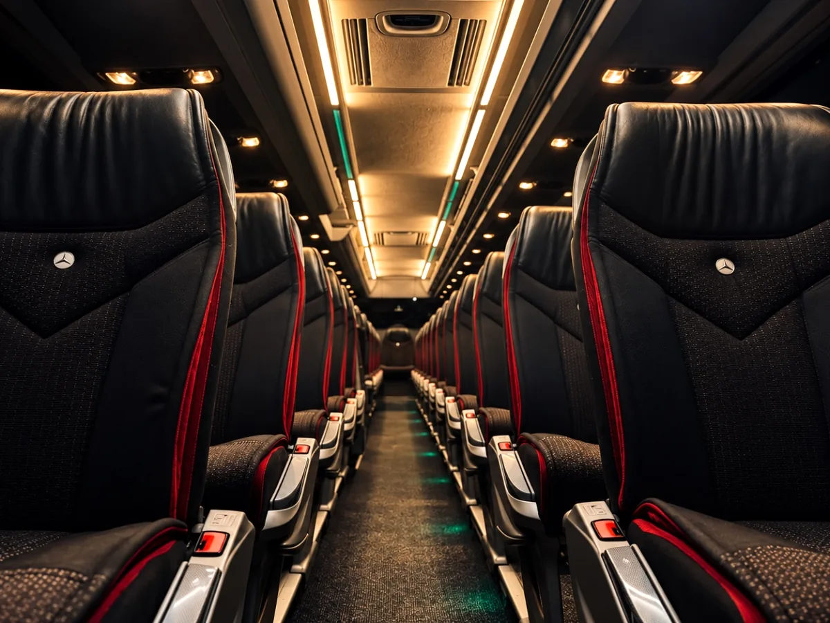 Allée centrale de l'autocar Mercedes-Benz Travego de Voyages Stevic Sàrl, sièges en cuir et éclairage d'ambiance