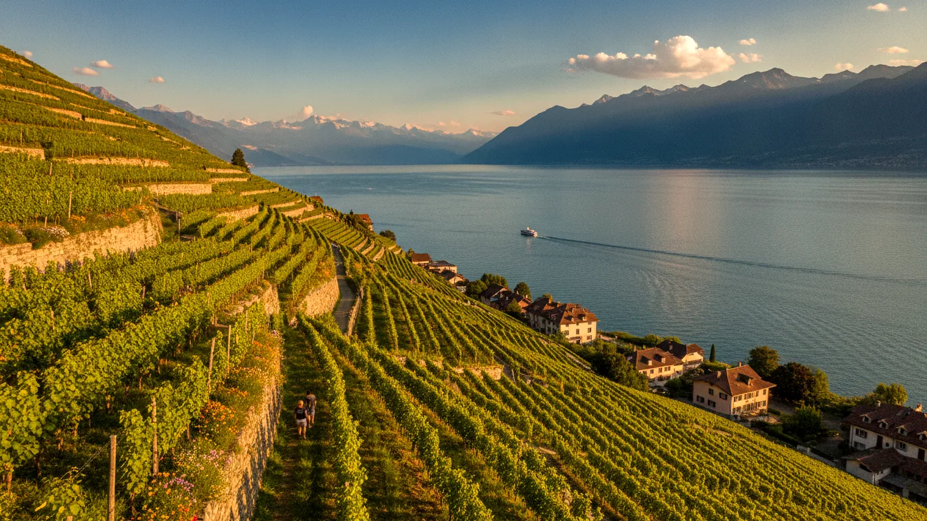 The Lavaux terraces dropping to Lake Geneva and the Alps
