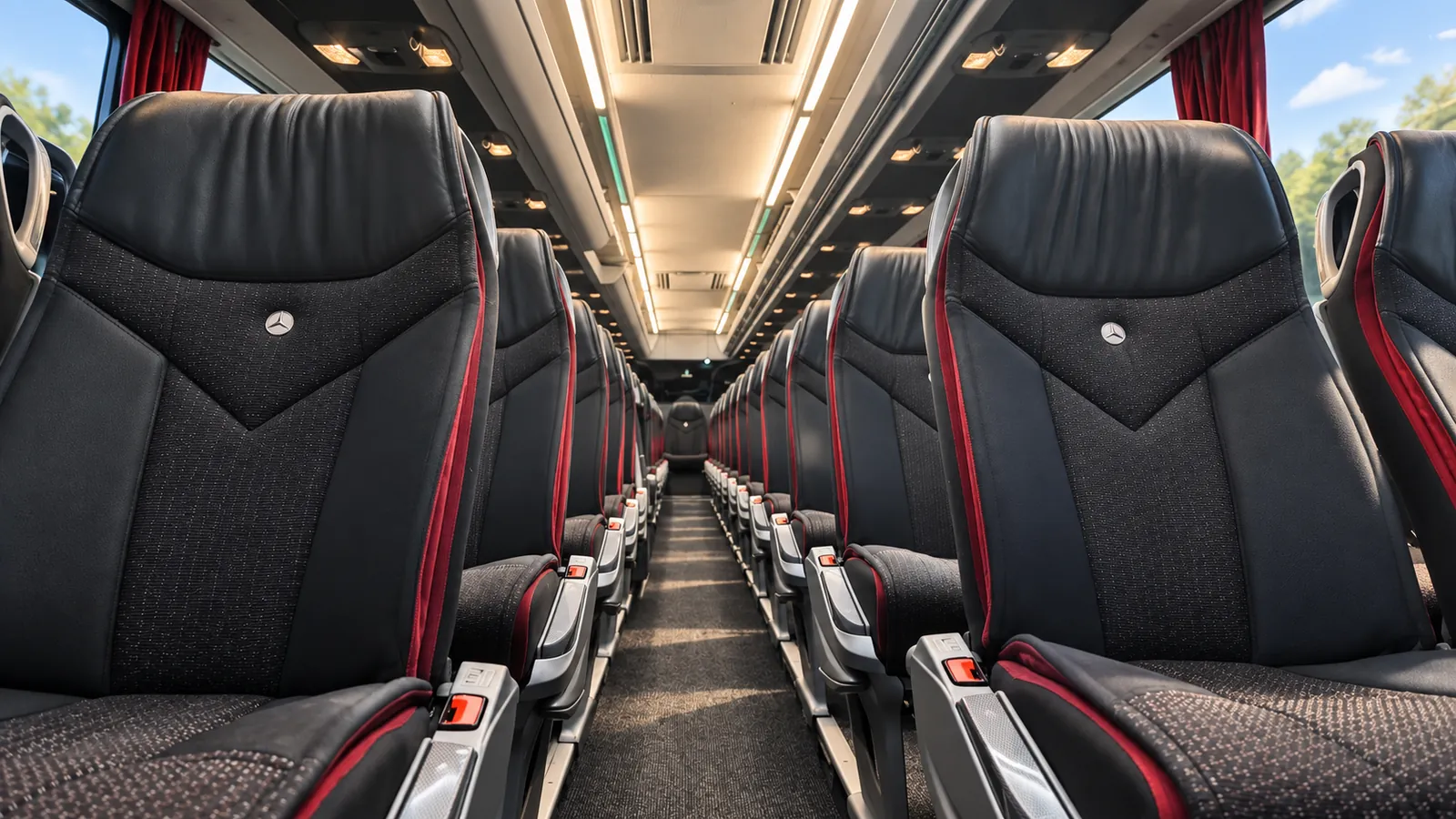 Central aisle of the Voyages Stevic Sàrl Mercedes-Benz Travego coach, black leather seats with red stitching