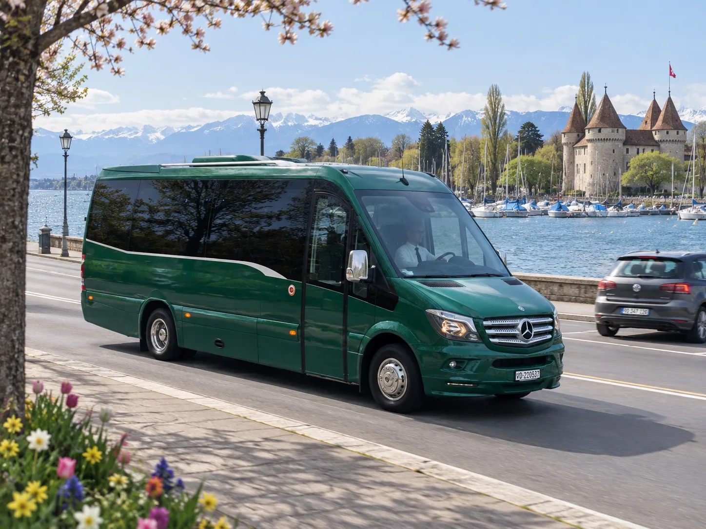 Minibus Mercedes-Benz Sprinter 17 places de Voyages Stevic Sàrl sur les quais de Morges, le château et les Alpes en arrière-plan