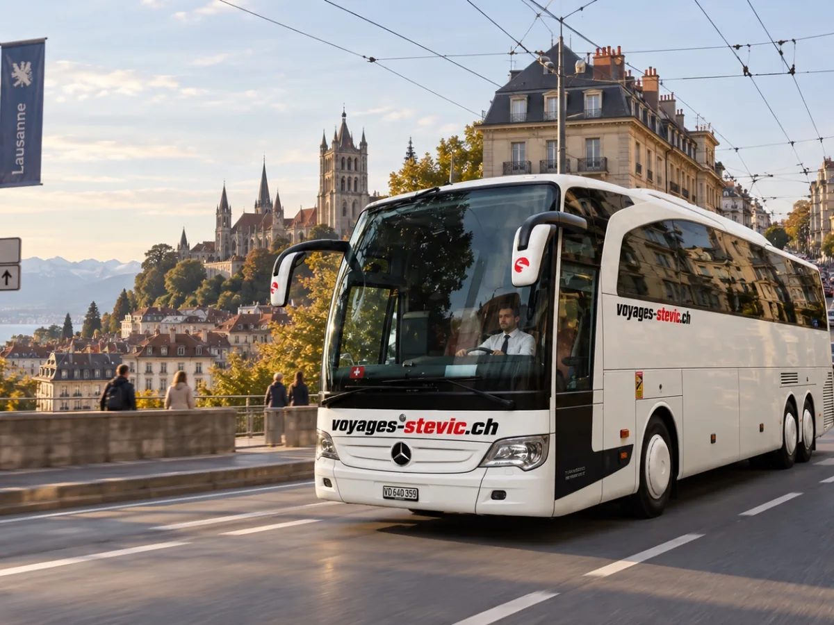 Second autocar Mercedes-Benz Travego 53 places de Voyages Stevic Sàrl en circulation à Lausanne