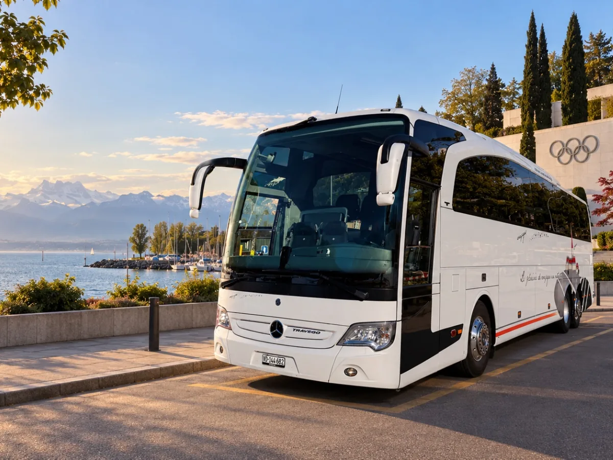 Autocar Mercedes-Benz Travego 53 places de Voyages Stevic Sàrl à Ouchy, devant le Musée Olympique de Lausanne