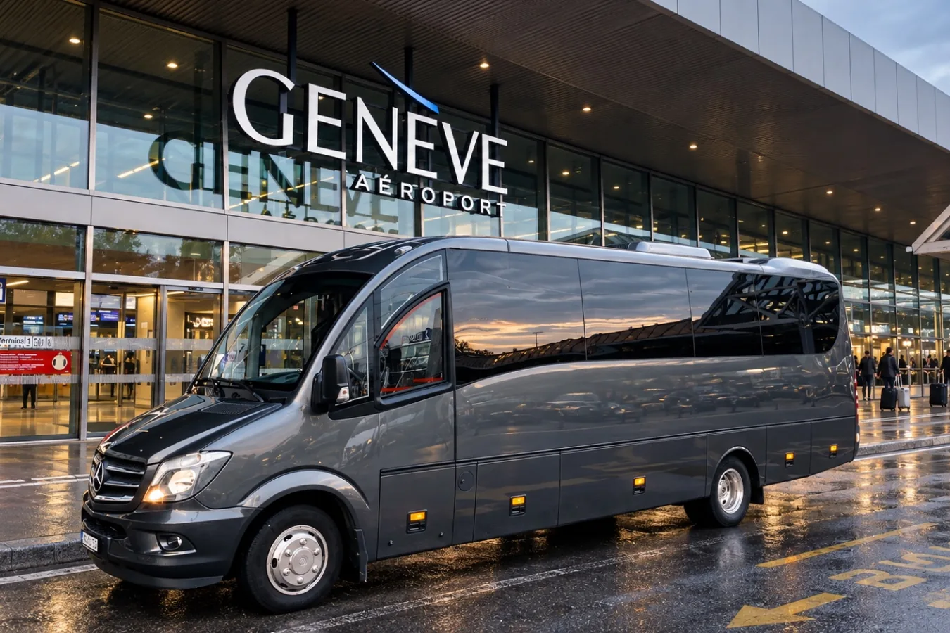 Voyages Stevic Sàrl Mercedes-Benz Dyparro minicoach in front of the Geneva Airport terminal