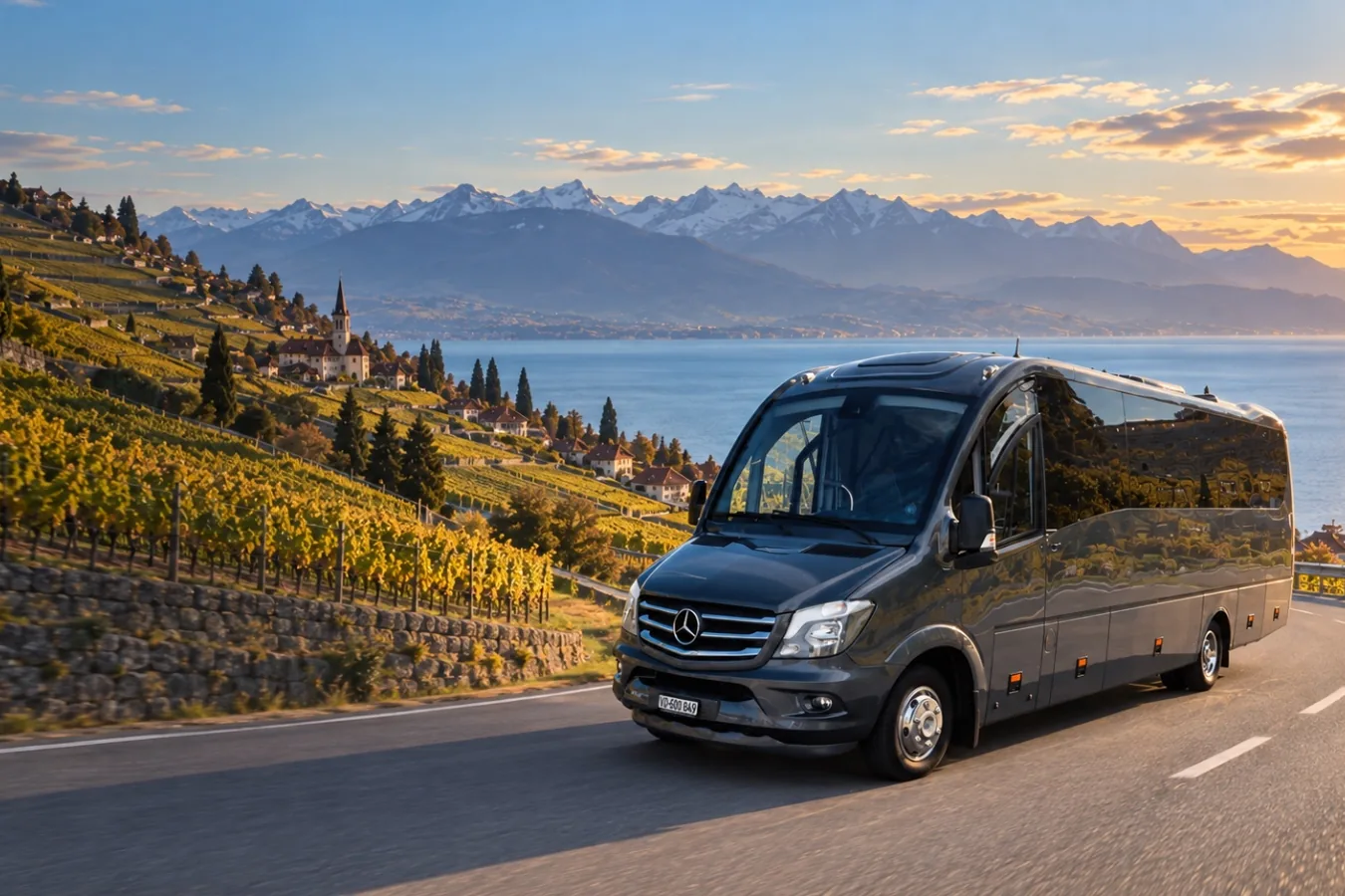 Voyages Stevic Sàrl Mercedes-Benz Dyparro minicoach on a road through the Lavaux vineyards, the lake and the Alps behind