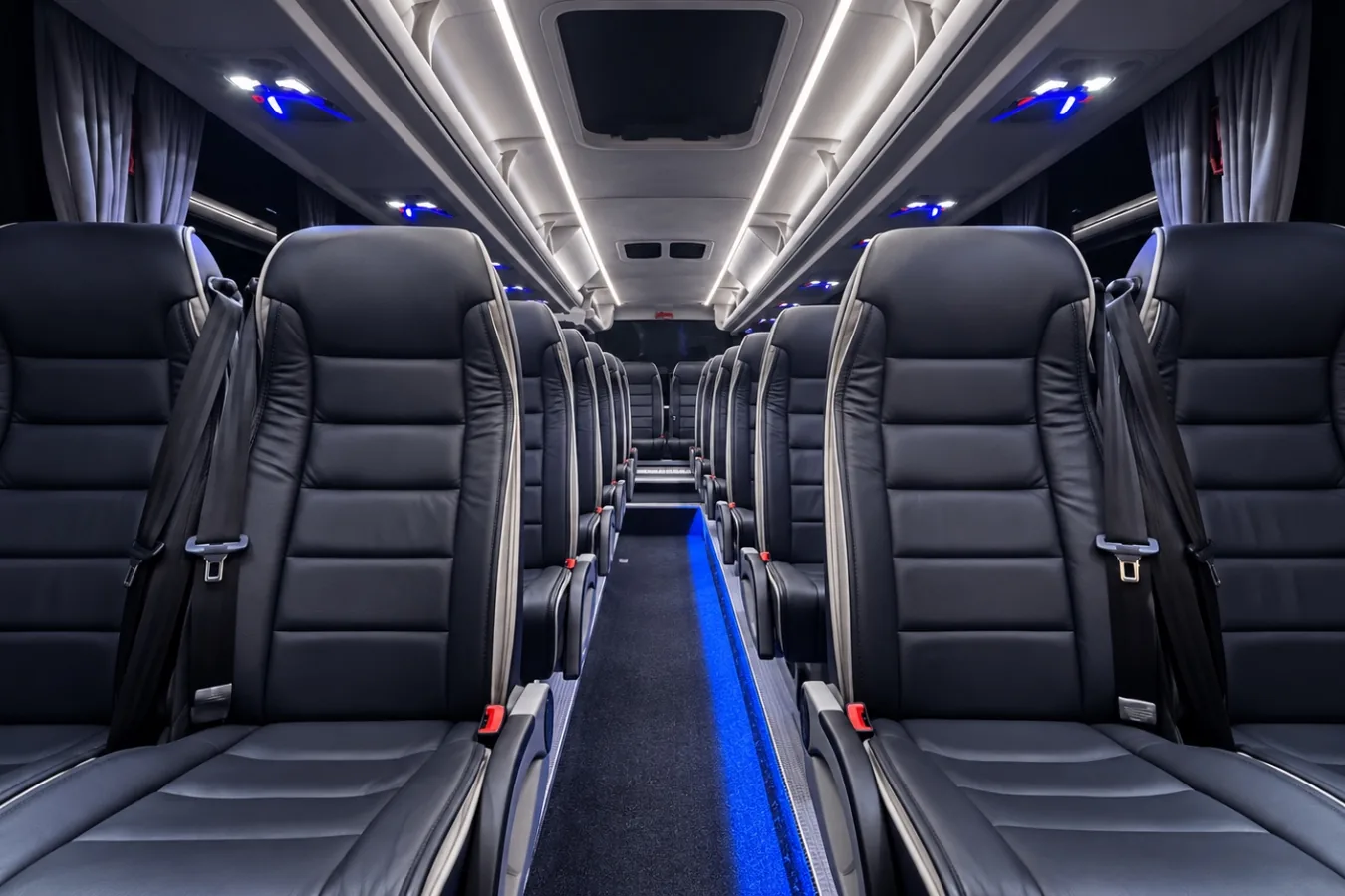 Interior of the Dyparro minicoach, leather upholstery and LED lighting