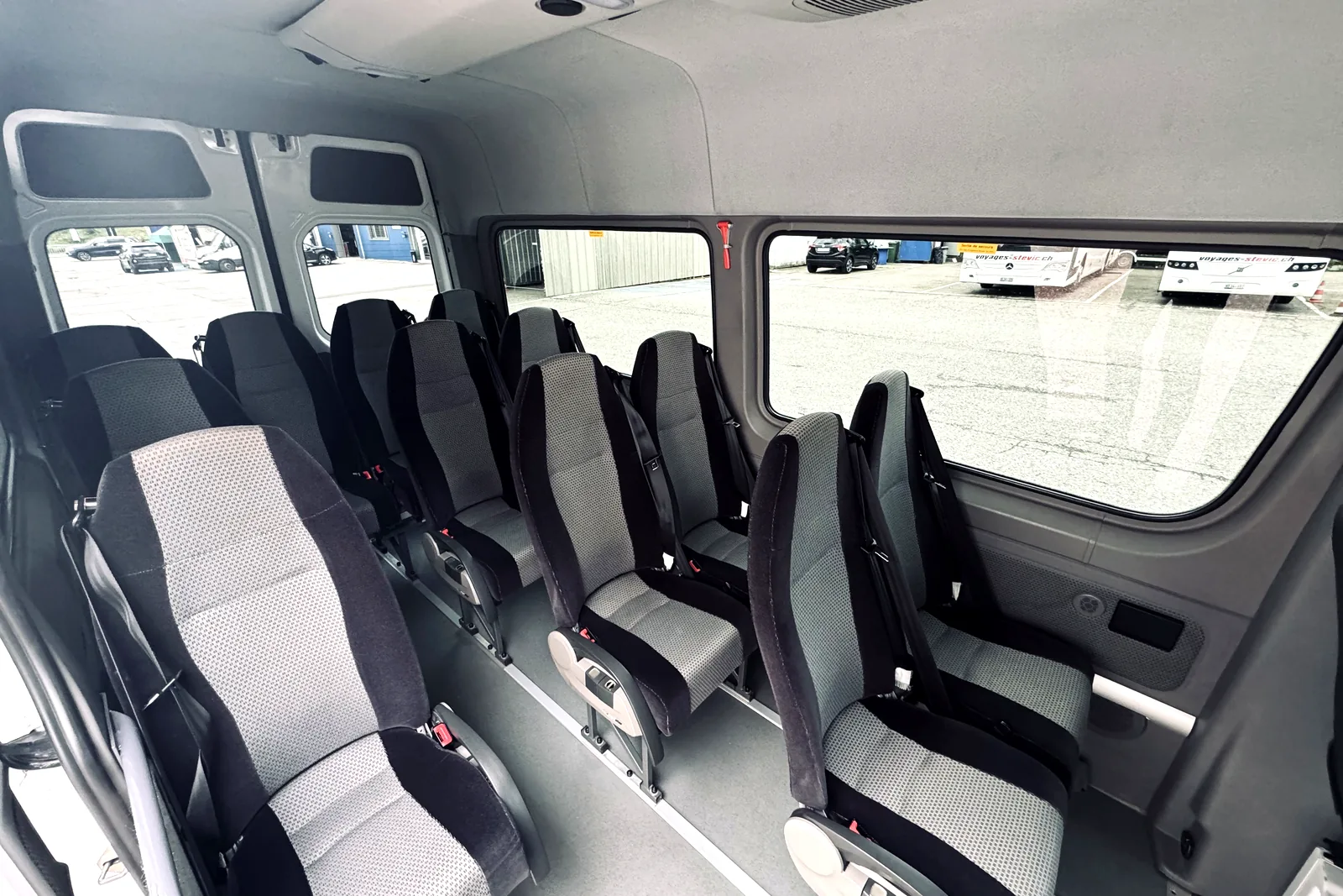 Interior of the 13-seat Sprinter minibus, fabric seats