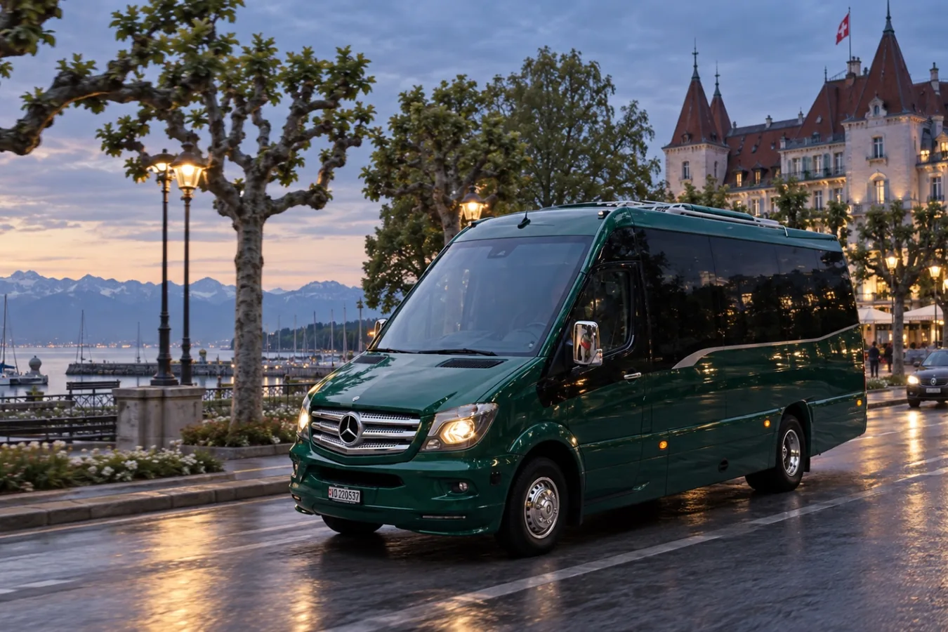 Voyages Stevic Sàrl 17-seat Mercedes-Benz Sprinter minibus in front of the Château d'Ouchy in Lausanne