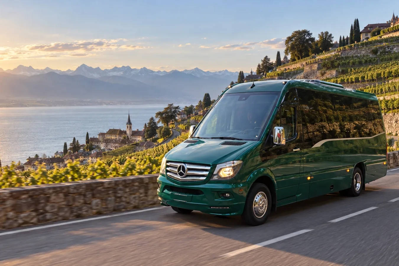 Voyages Stevic Sàrl 17-seat Sprinter minibus on a road through the Lavaux vineyards