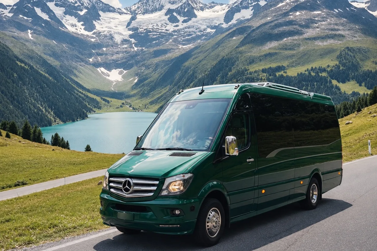 Voyages Stevic Sàrl 17-seat Sprinter minibus on a mountain road beside an alpine lake