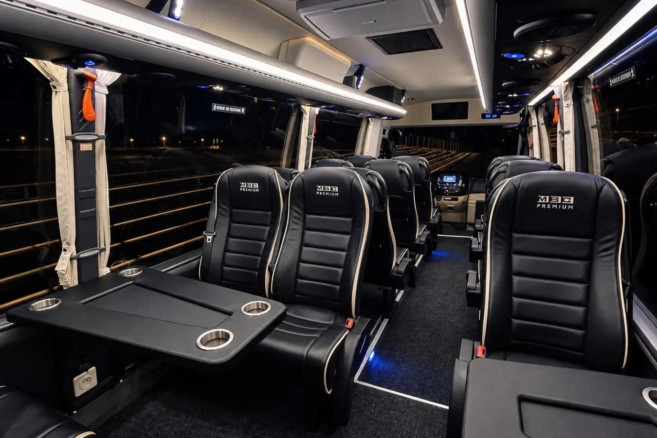 MBC Premium leather seats and tray table on board the 17-seat Sprinter minibus