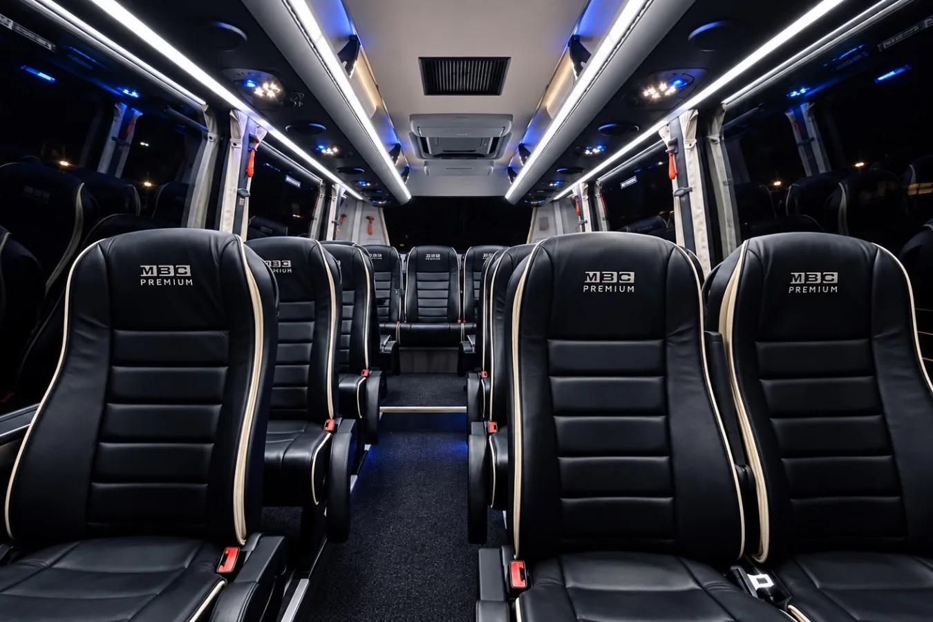 MBC Premium leather seats and tray table on board the 17-seat Sprinter minibus