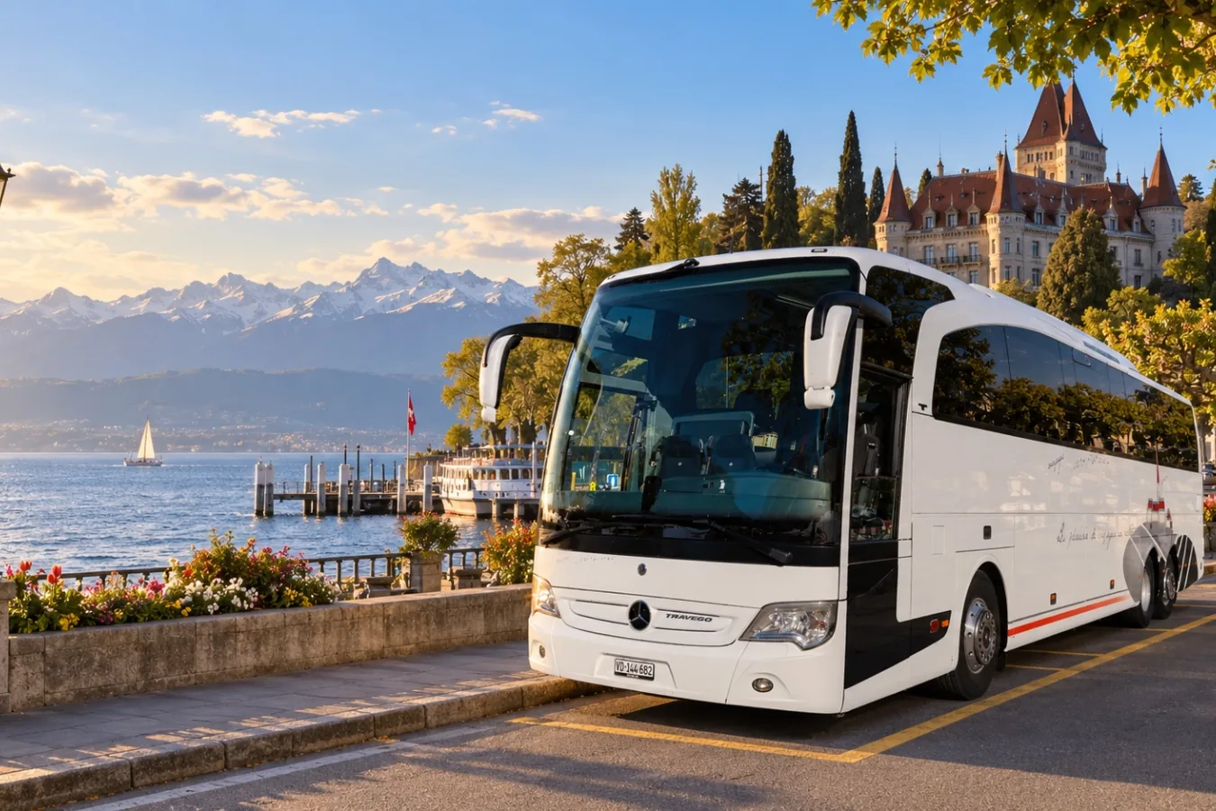 Voyages Stevic Sàrl Mercedes-Benz Travego coach on the quays of Morges, with the castle and the Alps behind