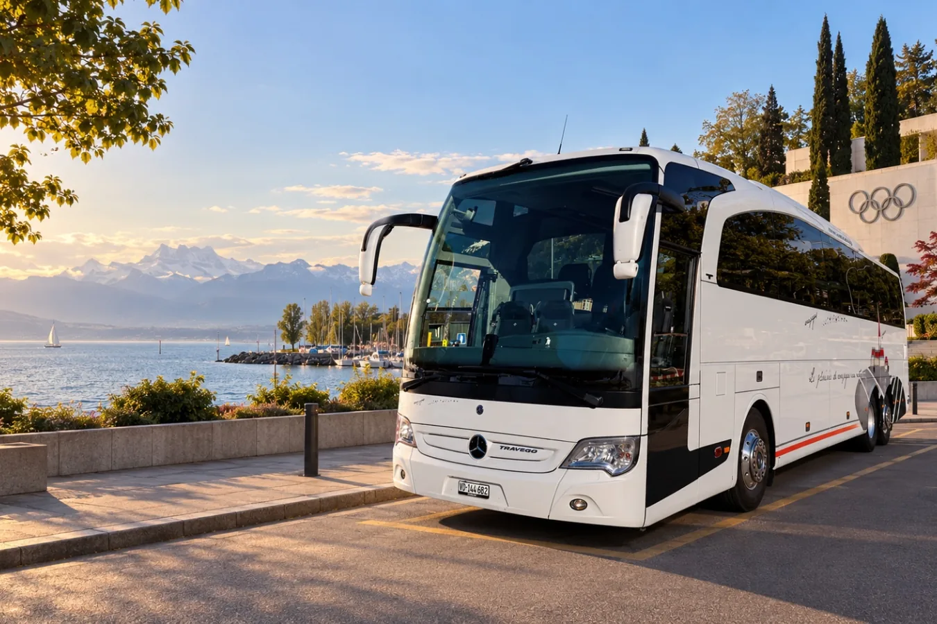 Voyages Stevic Sàrl Mercedes-Benz Travego coach at Ouchy, in front of the Olympic Museum in Lausanne