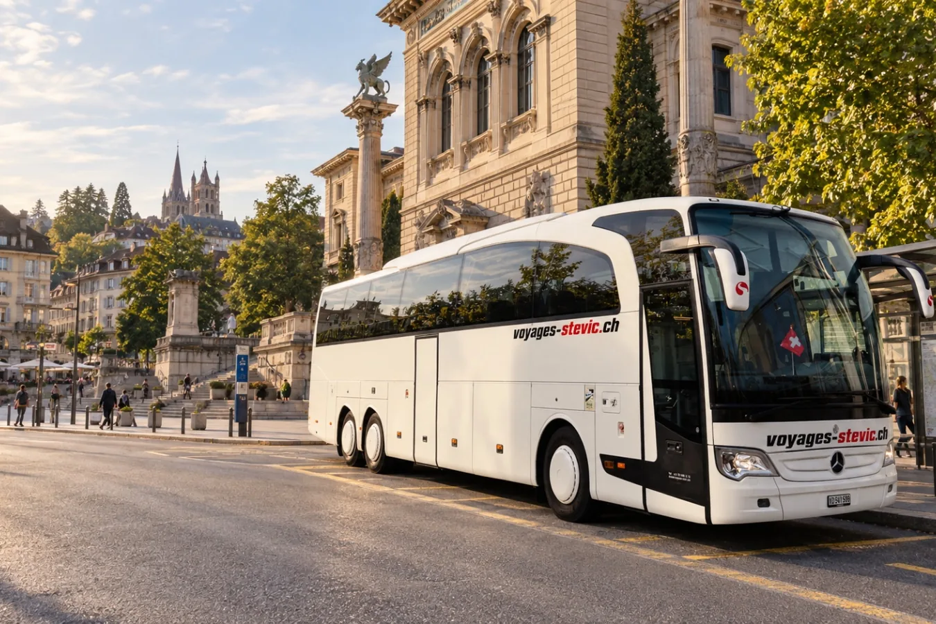 Voyages Stevic Sàrl second Mercedes-Benz Travego coach in front of the Palais de Rumine in Lausanne
